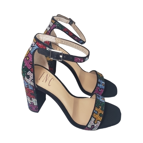 INC International Concepts Lexi Black Open Toe Buckle Rhinestone Puzzle Heels 5M - Picture 4 of 11